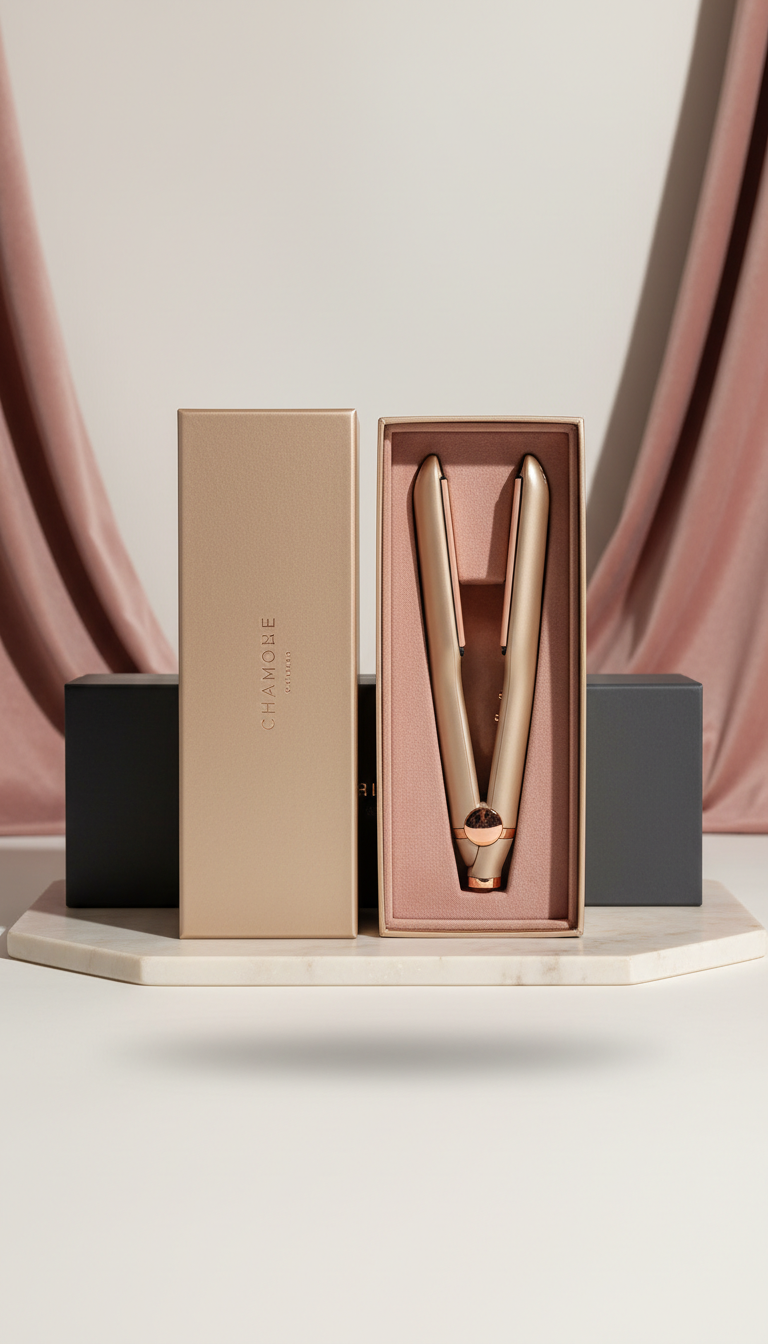 Champagne edition flat iron with magnetic closure packaging