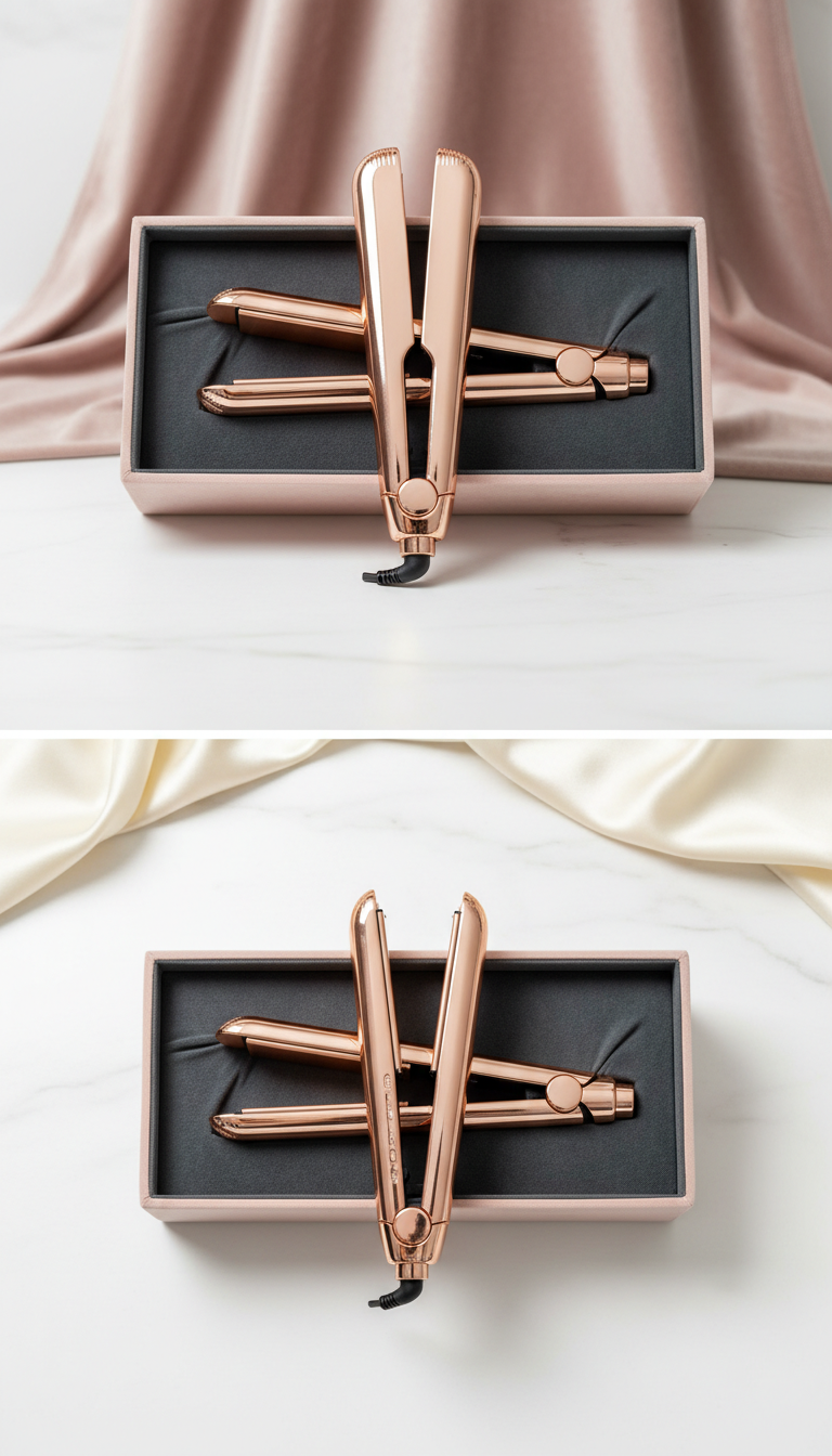 Rose gold flat iron with velvet-lined box